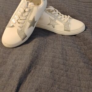 Women's White and Silver Sneakers